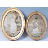 Two Regency printed silk and needlework pictures, each of a woman dressed in bonnet and finery,