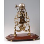 A brass skeleton clock, having pierced silvered dial with Roman numerals,