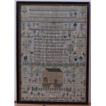 A William IV needlework alphabet, number, verse, and picture sampler, depicting Coombe Terrace,