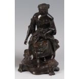 A late 19th century French bronze figure of a seated maiden, dressed in robes,