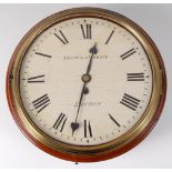 A Victorian mahogany circular dial wall clock, having a white enamel dial (restored),