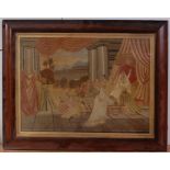 A pair of 19th century silkwork pictures, one depicting a family at the door with landscape beyond,