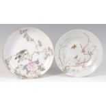 A Chinese porcelain shallow bowl, enamel decorated with birds upon flowering branches,
