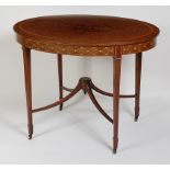A Sheraton Revival plum-pudding mahogany and inlaid centre table, of oval form,