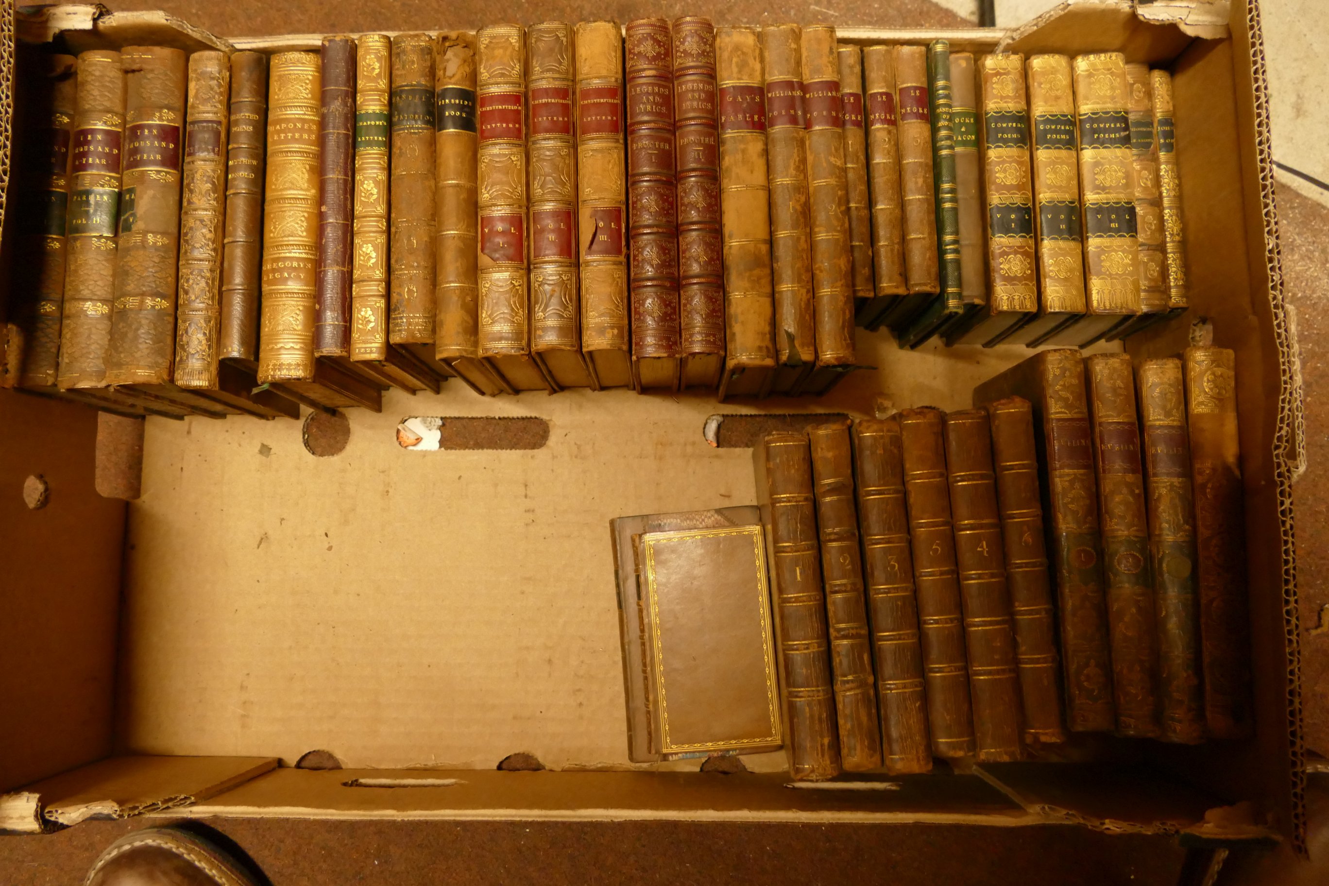 BOX; Collection of 40 pocket size 18th and 19th century volumes, all bound in full leather,