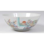 A Chinese porcelain footed bowl, finely worked in bright enamels with a figure landscape scene,