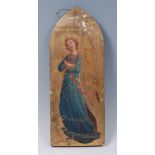An early 20th century pre-Raphaelite painted panel depicting an angel, wearing flowing blue robes,