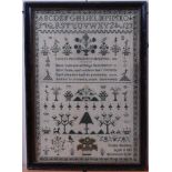 An early 19th century needlework alphabet, verse and picture sampler, by Ursula Meddins, aged 13,
