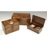 A Victorian walnut and Tunbridge decorated tea caddy, of plain rectangular form,