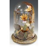 A Victorian arrangement of dried flowers under glass dome, on ebonised plinth, h.