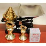 A modern set of Weylux iron grocers scales with graduated set of brass weights;