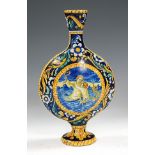 A 19th century Italian maijolica moon flask typically decorated with a mythical figure and dragon