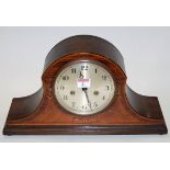 An Edwardian mahogany and chequer strung mantel clock having a silvered dial with Arabic numerals