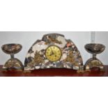 An Art Deco marble and brass mounted clock garniture,