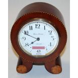 An Edwardian mahogany satinwood inlaid and chequer strung mantel clock of circular form having an