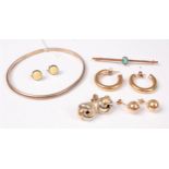 Three pairs of 9ct earrings and a blue paste 9ct bar brooch, ((8.