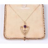 An amethyst and faux pearl pendant, all in unmarked yellow precious metal, on chain stamped 9ct (1.