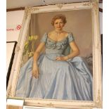 J Borchsening - Full length portrait of a seated lady wearing a pearl choker and blue silk dress,