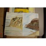 Three artist folios and contents, containing assorted amateur watercolours, pastels,