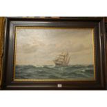 Early 20th century school - Three-masted sailing vessel in choppy seas, oil on canvas,