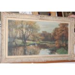 Robert Perrot - River landscape scene with swans, oil on canvas, signed lower right,