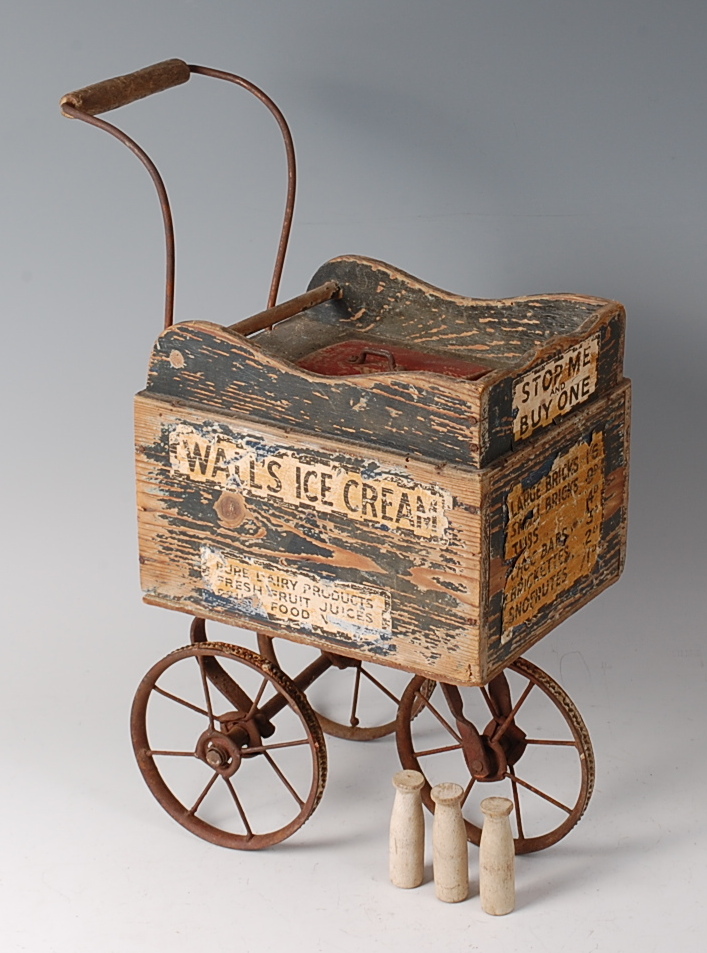 A circa 1930 Triang Brothers Wall's three-wheel ice cream cart,