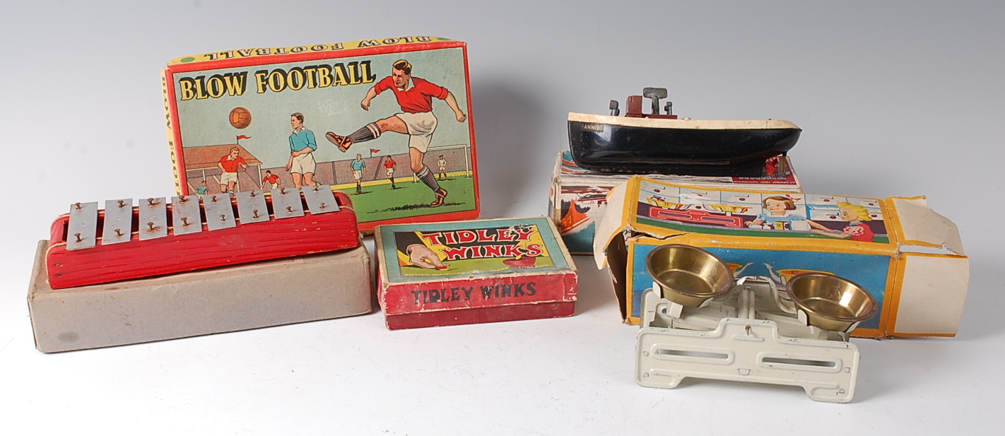 Five various boxed mixed tinplate and plastic childrens toy games,