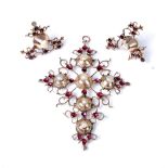 An adapted 18th century Iberian garnet and pearl cross pendant and earrings,