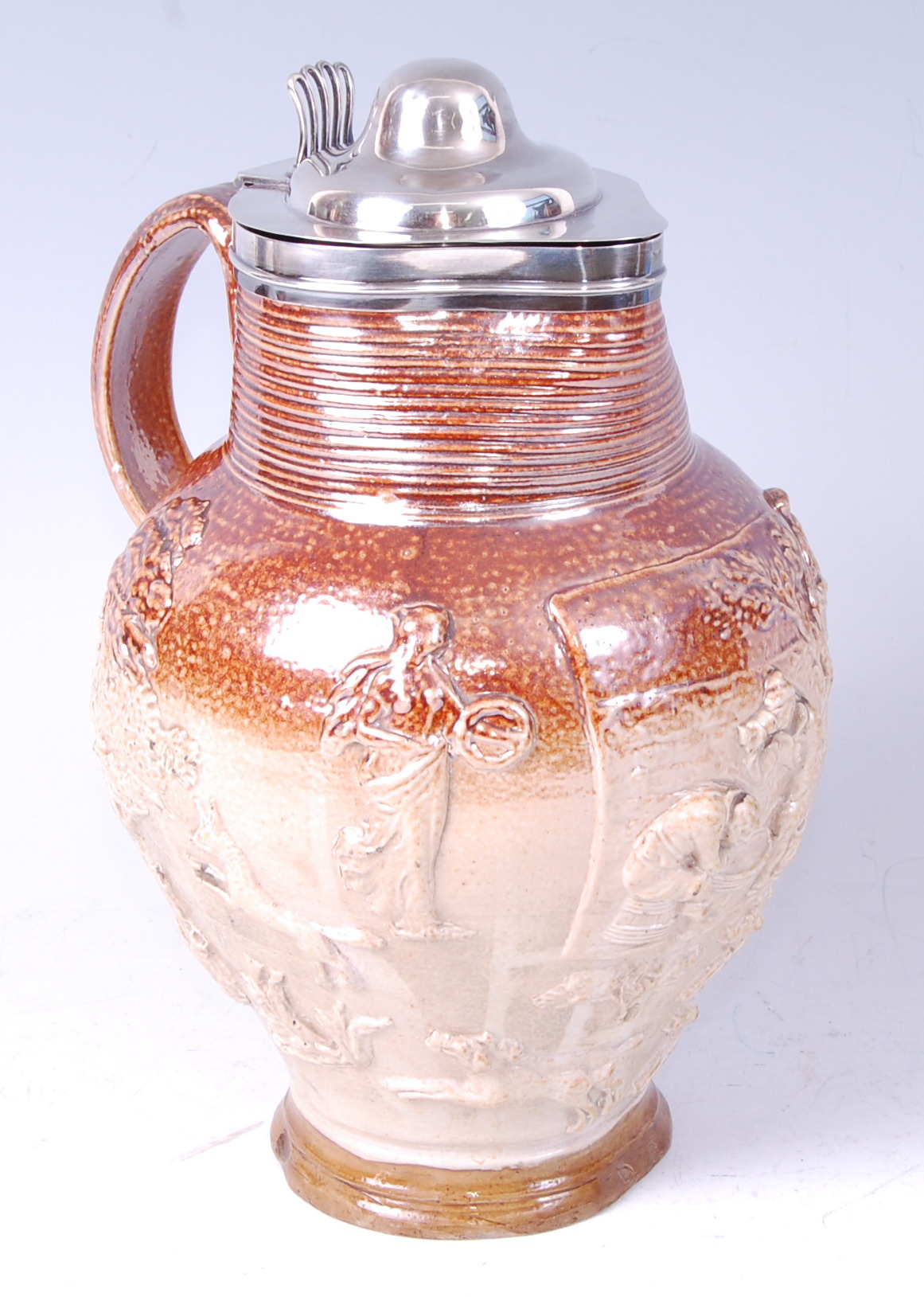 A George III salt-glazed stoneware hunting jug, probably Mortlake, Kishere Factory,