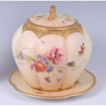 A Royal Worcester blushware jar and cover on stand, of lobed squat globular form,