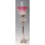 A late Victorian silver plated Corinthian column pedestal oil lamp by Walker & Hall,