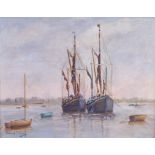 Rowland Fisher (1885-1969) - Boats at anchor, oil on artist board, signed lower left, 35 x 44.