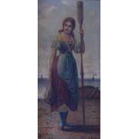 Gustav Lenz (Continental late C19th) - Fishergirl on the beach, oil on canvas, signed lower right,