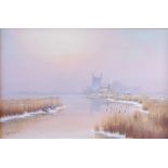 David Dane - The Norfolk Broads in winter at sunset, oil on canvas, signed lower left,