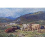 Henry Garland (1834-1913) - Highland Cattle and Cottage in a North Country landscape, oil on canvas,