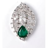 A 14ct emerald and diamond pendant, the marquise shaped pendant set with a pear shaped emerald,