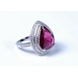 A treated ruby and diamond ring, pear shaped treated ruby, approx. 14.8 x 11.