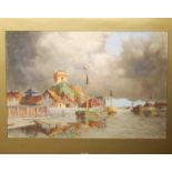 Norris Fowler-Wilatt aka Louis van Staaten (1859 - 1924) - Barges on a Dutch canal, watercolour,
