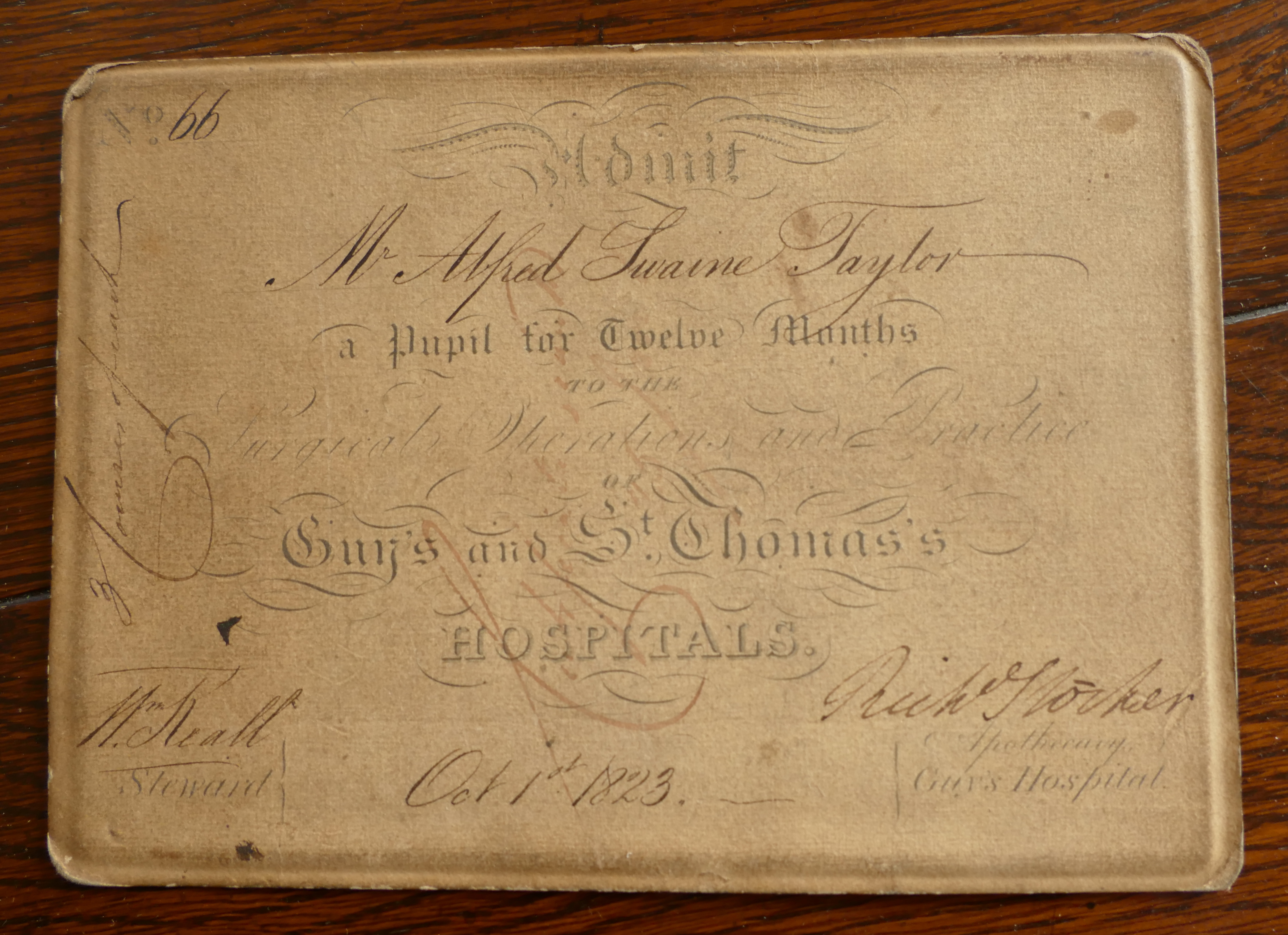 Alfred Swaine Taylor's admission card as a pupil to Guy's & St Thomas's Hospitals, for 1823/24,