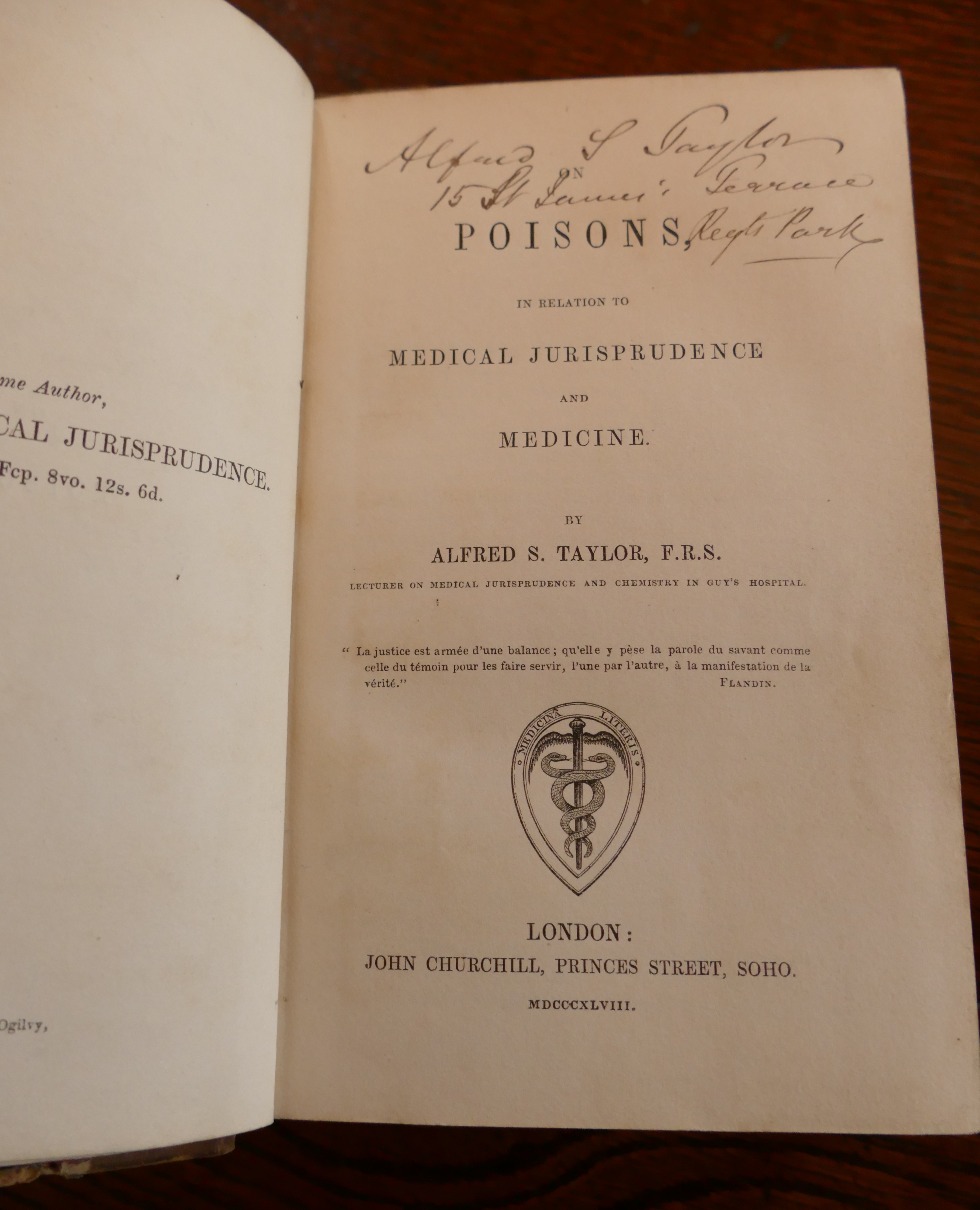 TAYLOR, Alfred S, On Poisons in Relation to Medical Jurisprudence, London 1848, first edition, - Image 2 of 4
