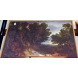 Cattle watering within a landscape, reproduction print on canvas,