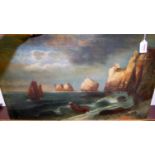 Late 19th century school - Boats off a rocky coastline, oil on canvas, 43 x 70cm,