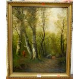 19th century school - Lone figure in a wooded glade, oil on canvas, indistinctly signed lower right,