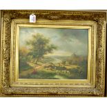 Reproduction oil on panel depicting figures and livestock within extensive landscape,
