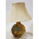 A Bernard Rooke studio pottery table lamp base, having applied butterfly and leaf decoration,