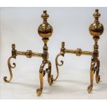 A pair of early 20th century turned brass andirons, h.