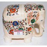 A 20th century carved alabaster and pietra-dura model of an elephant, in standing pose, h.