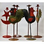 Two pairs of pressed tin candlesticks, each in the form of a chicken,