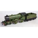 A Hornby 0 gauge clockwork Yorkshire locomotive and tender 4-4-0, finished in LNER green, with No.