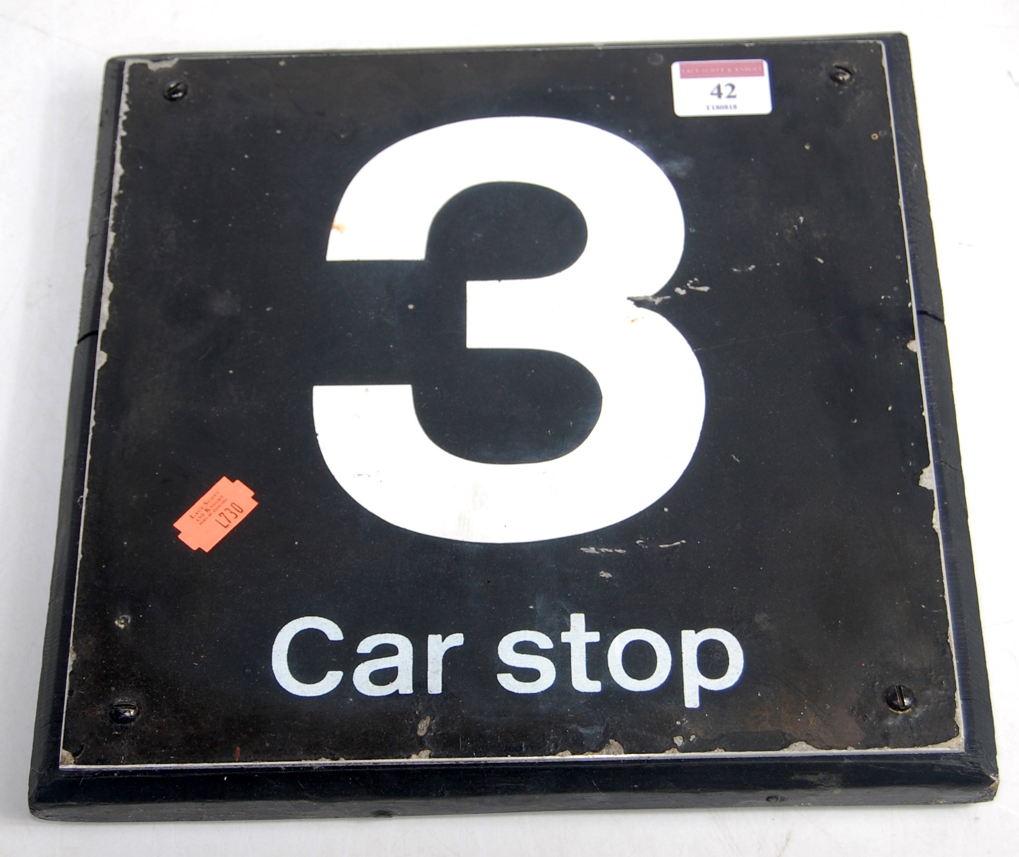 Painted Aluminium sign mounted on wood, to read 3 Car Stop, painted in white, 10.5" x 10.